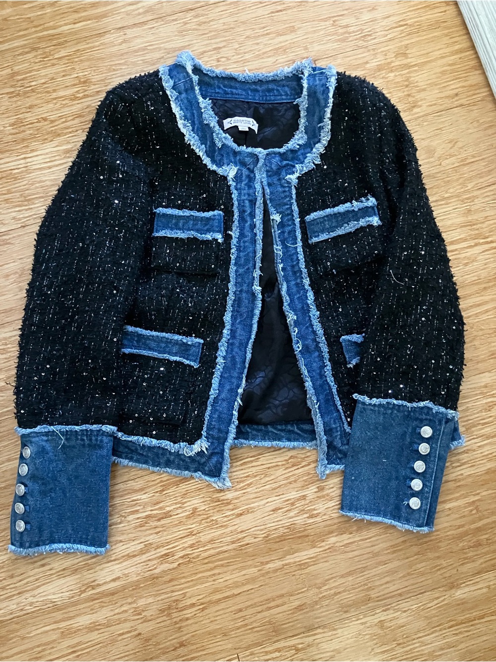 Nanette Lepore black sequin tweed and denim jacket